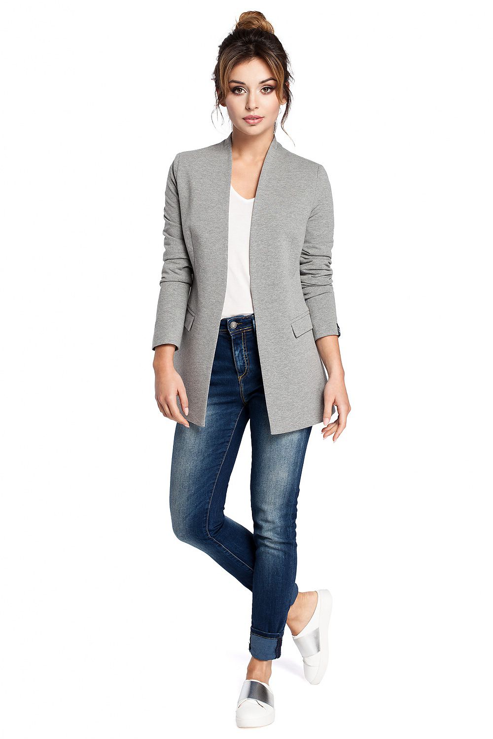 BeWear Elegant Cotton Knit Jacket til dame fra MS StyleHaven, laget av Bomull, farge Grå, størrelse M, med long ermer, perfekt til dress