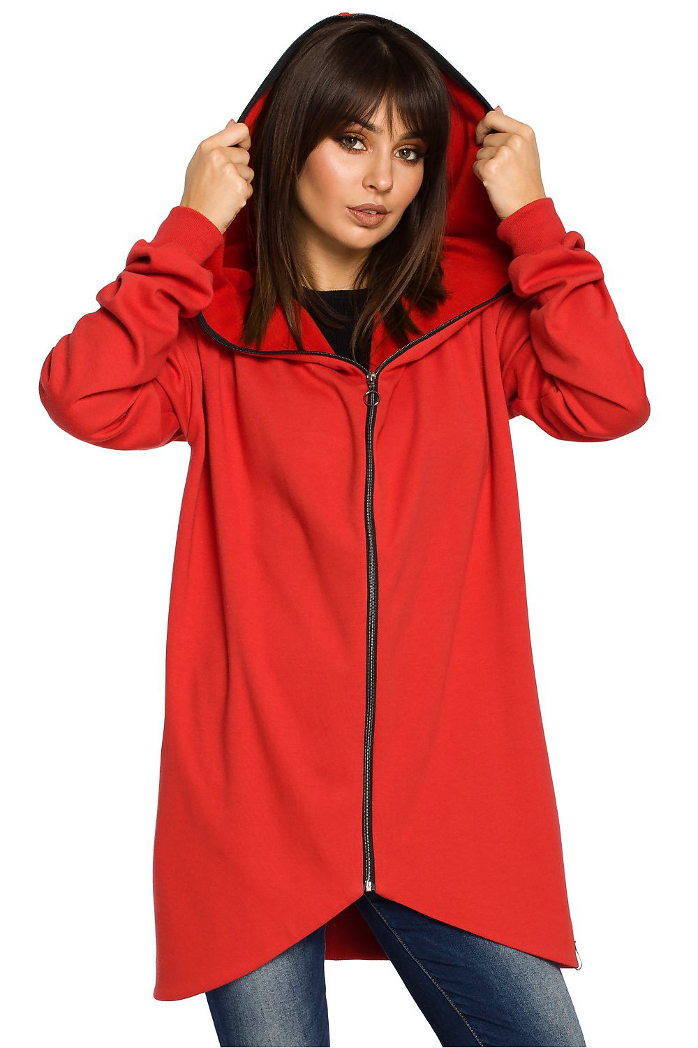 beauty Størrelse Hette-genser med glidelås fra BeWear til dame fra MS StyleHaven, laget av Viskose; Bomull; polyester, farge Rød, størrelse L/XL, med long ermer, perfekt til dress