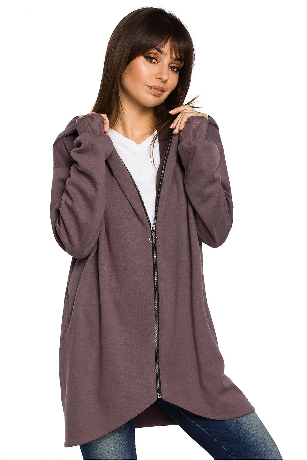 beauty Størrelse Hette-genser med glidelås fra BeWear til dame fra MS StyleHaven, laget av Viskose; Bomull; polyester, farge Brun, størrelse S/M, med long ermer, perfekt til dress