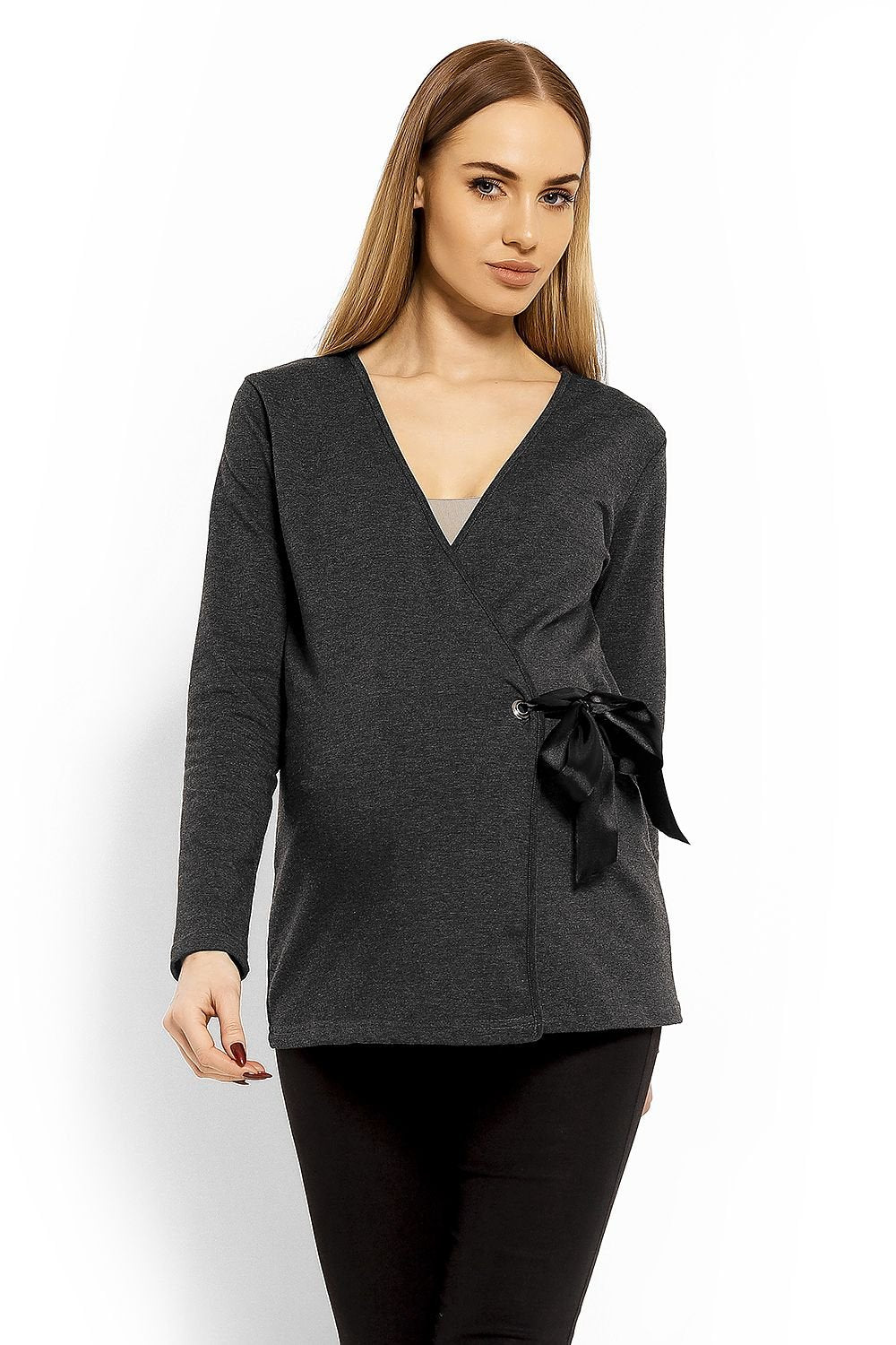 Wrap gravidbluse fra PeeKaBoo til dame fra MS StyleHaven, laget av Elastan; Bomull, farge Grå, størrelse S/M, med long ermer, perfekt til casual; dress