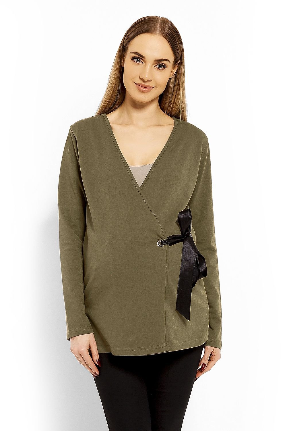 Wrap gravidbluse fra PeeKaBoo til dame fra MS StyleHaven, laget av Elastan; Bomull, farge Grønn, størrelse S/M, med long ermer, perfekt til casual; dress