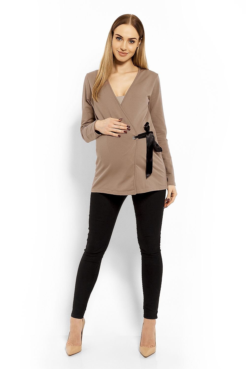 Wrap gravidbluse fra PeeKaBoo til dame fra MS StyleHaven, laget av Elastan; Bomull, farge beige, størrelse L/XL, med long ermer, perfekt til casual; dress