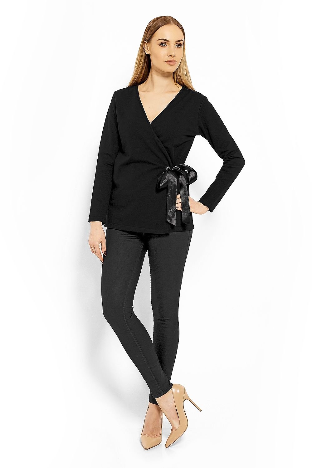 Wrap gravidbluse fra PeeKaBoo til dame fra MS StyleHaven, laget av Elastan; Bomull, farge Svart 2, størrelse L/XL, med long ermer, perfekt til casual; dress