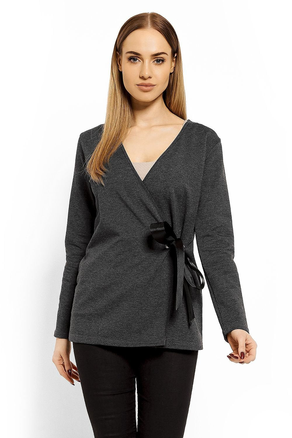 Wrap gravidbluse fra PeeKaBoo til dame fra MS StyleHaven, laget av Elastan; Bomull, farge Grå 3, størrelse S/M, med long ermer, perfekt til casual; dress