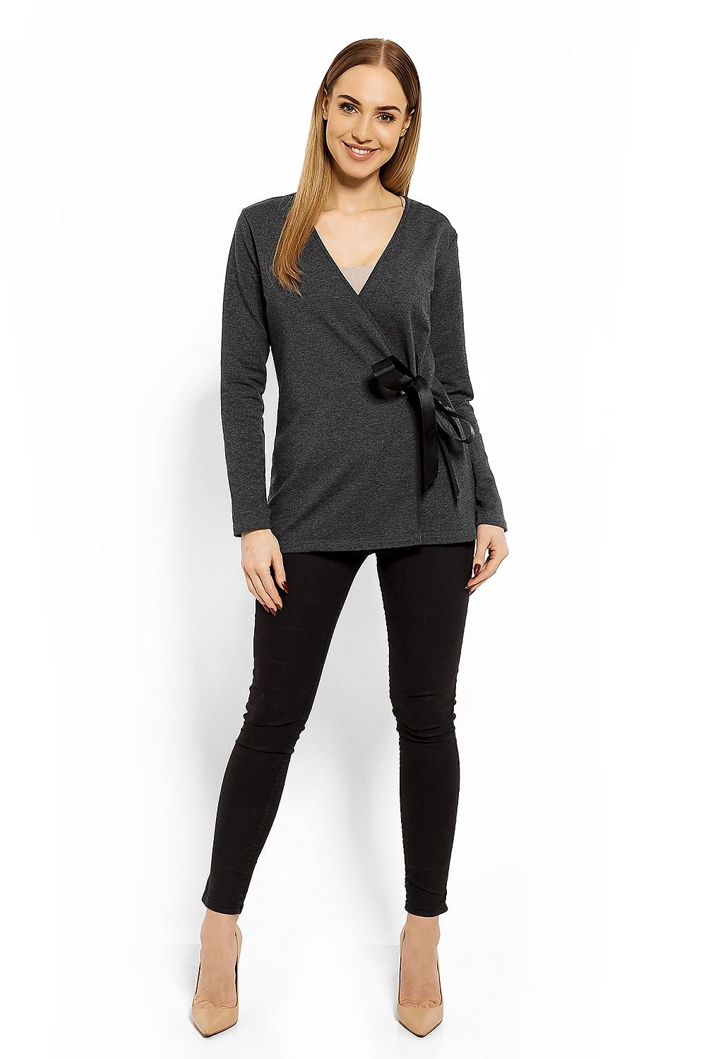 Wrap gravidbluse fra PeeKaBoo til dame fra MS StyleHaven, laget av Elastan; Bomull, farge Grå 3, størrelse L/XL, med long ermer, perfekt til casual; dress