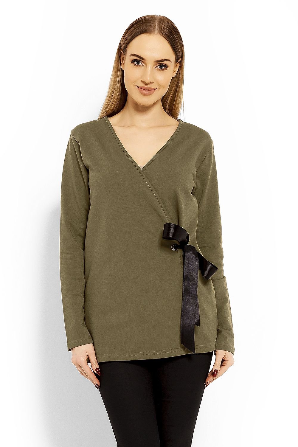 Wrap gravidbluse fra PeeKaBoo til dame fra MS StyleHaven, laget av Elastan; Bomull, farge Grønn 2, størrelse S/M, med long ermer, perfekt til casual; dress