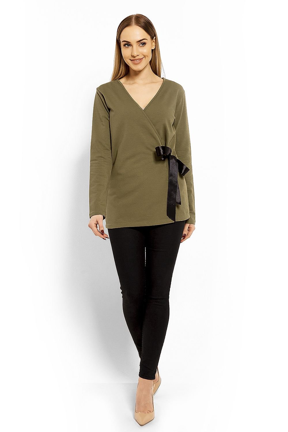 Wrap gravidbluse fra PeeKaBoo til dame fra MS StyleHaven, laget av Elastan; Bomull, farge Grønn 2, størrelse L/XL, med long ermer, perfekt til casual; dress