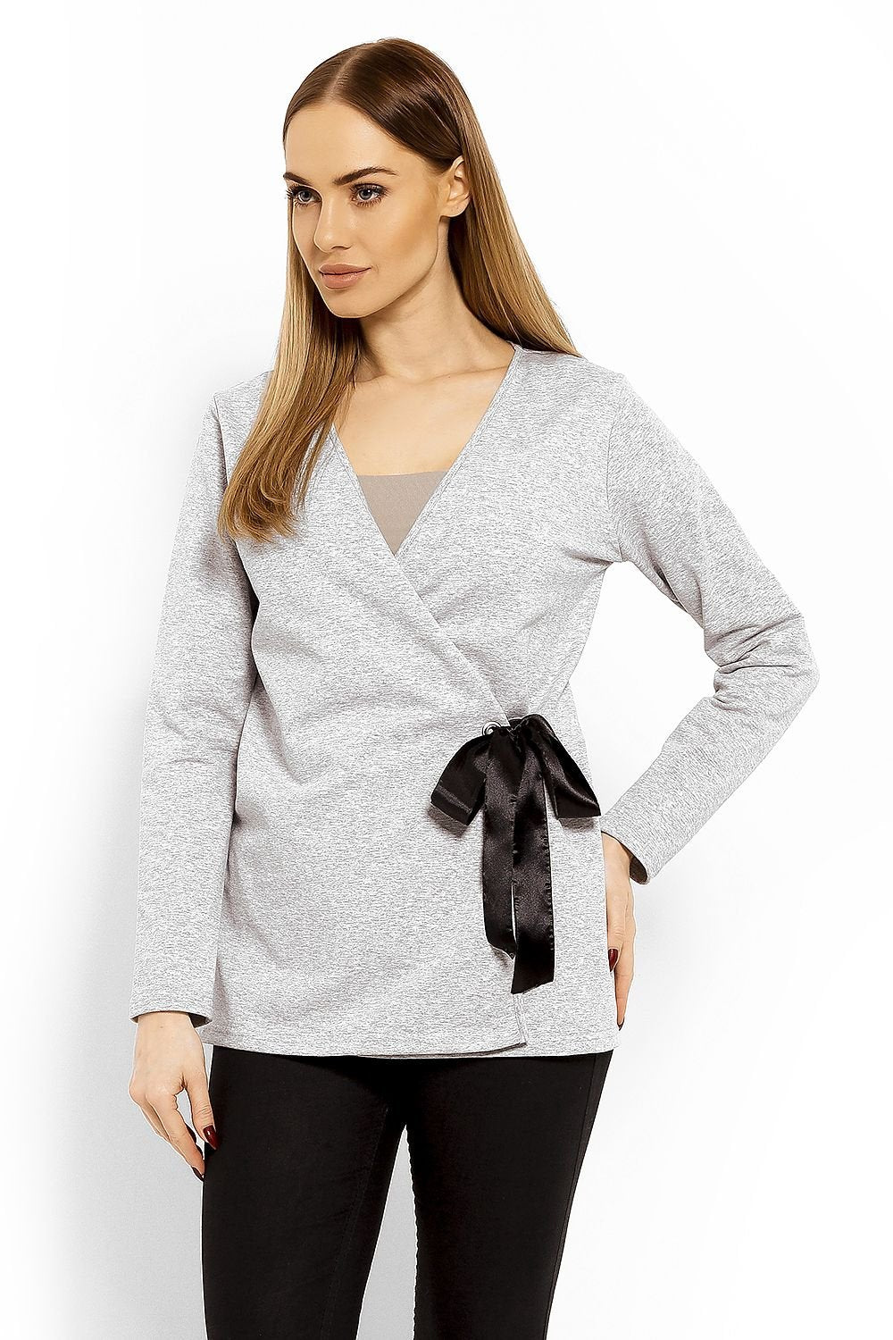 Wrap gravidbluse fra PeeKaBoo til dame fra MS StyleHaven, laget av Elastan; Bomull, farge Grå 4, størrelse S/M, med long ermer, perfekt til casual; dress