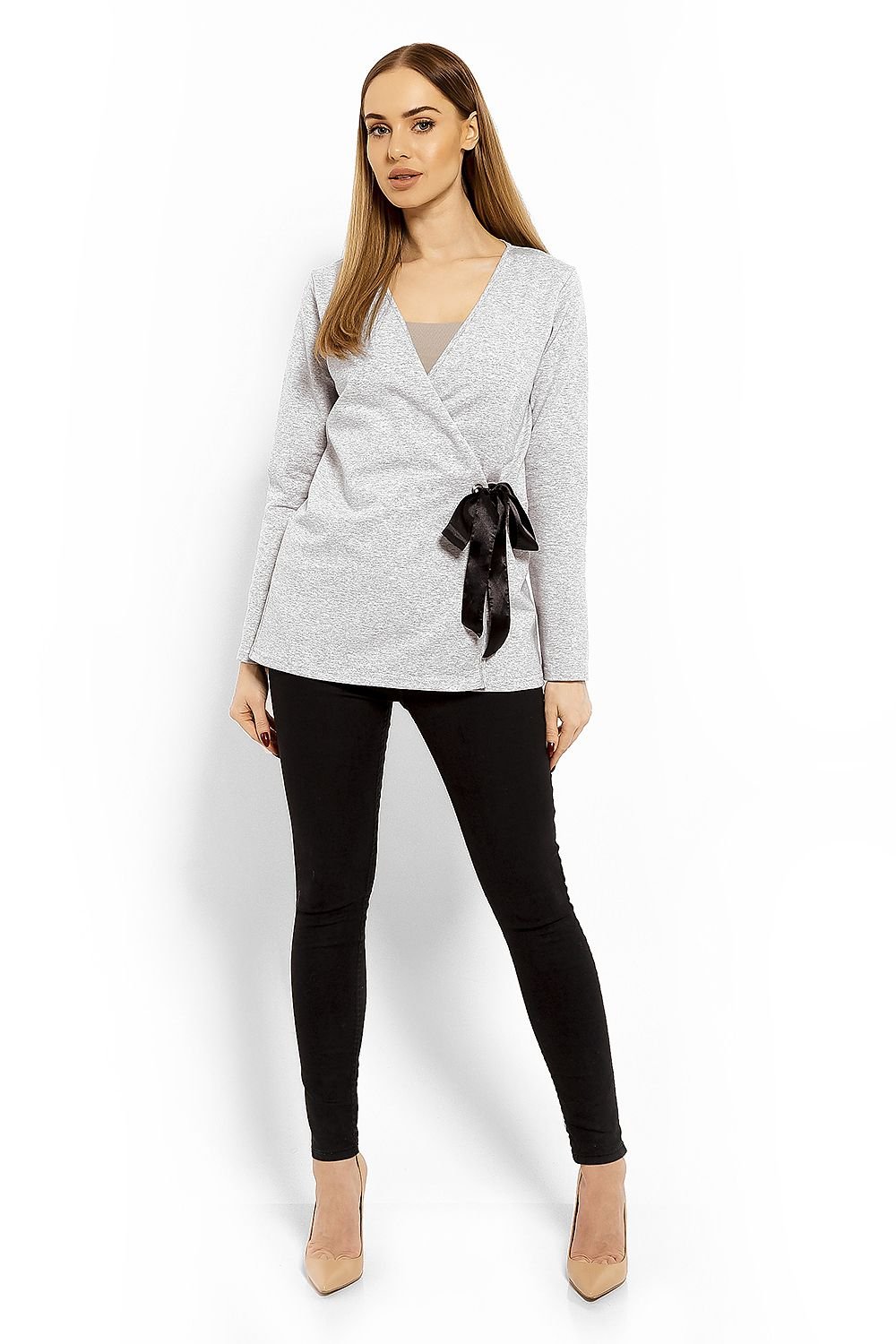 Wrap gravidbluse fra PeeKaBoo til dame fra MS StyleHaven, laget av Elastan; Bomull, farge Grå 4, størrelse L/XL, med long ermer, perfekt til casual; dress