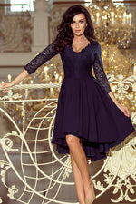 Nicolle asymmetrisk blondekjole – elegant og flytende kjole for spesielle anledninger til dame fra MS StyleHaven, laget av Viskose; polyester, farge Marineblå, størrelse S, med 3-4; long ermer, knee-1; mini; maxi lengde, kjolestil empire-waist; a-line; shirt; gown; sheath, perfekt til casual; dress