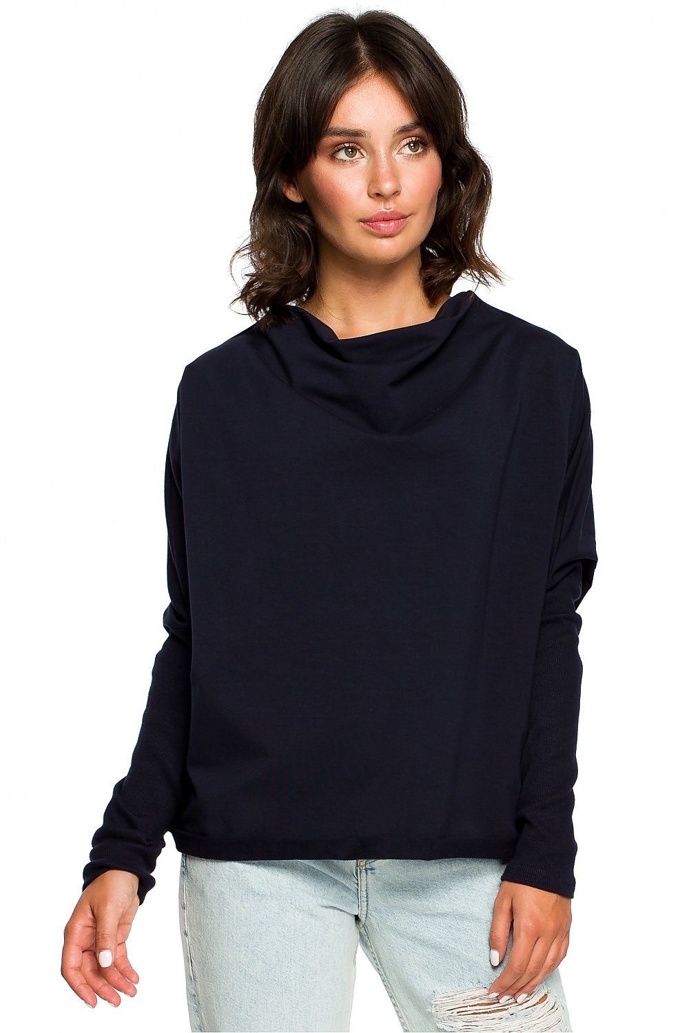 Løstsittende drapert genser - BeWear til dame fra MS StyleHaven, laget av Bomull, farge Marineblå, størrelse S/M, med long ermer, perfekt til dress