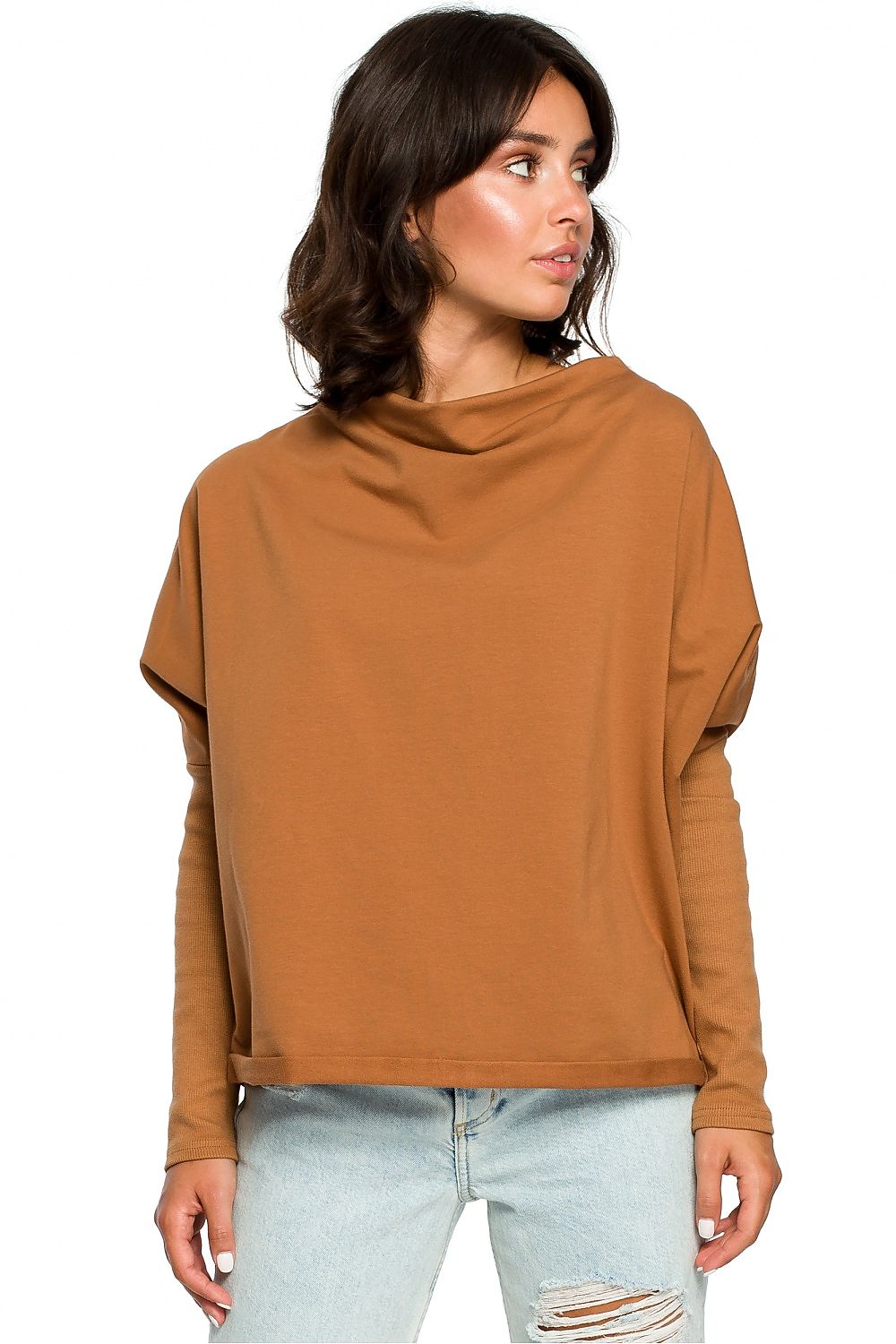 Løstsittende drapert genser - BeWear til dame fra MS StyleHaven, laget av Bomull, farge Brun, størrelse S/M, med long ermer, perfekt til dress