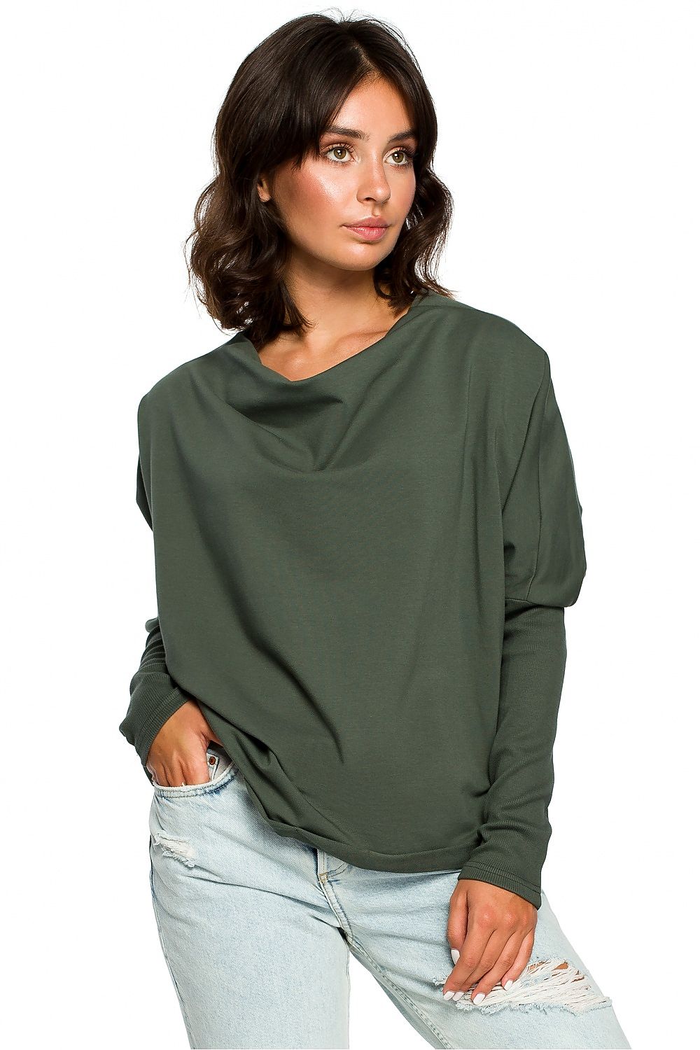 Løstsittende drapert genser - BeWear til dame fra MS StyleHaven, laget av Bomull, farge Grønn, størrelse S/M, med long ermer, perfekt til dress