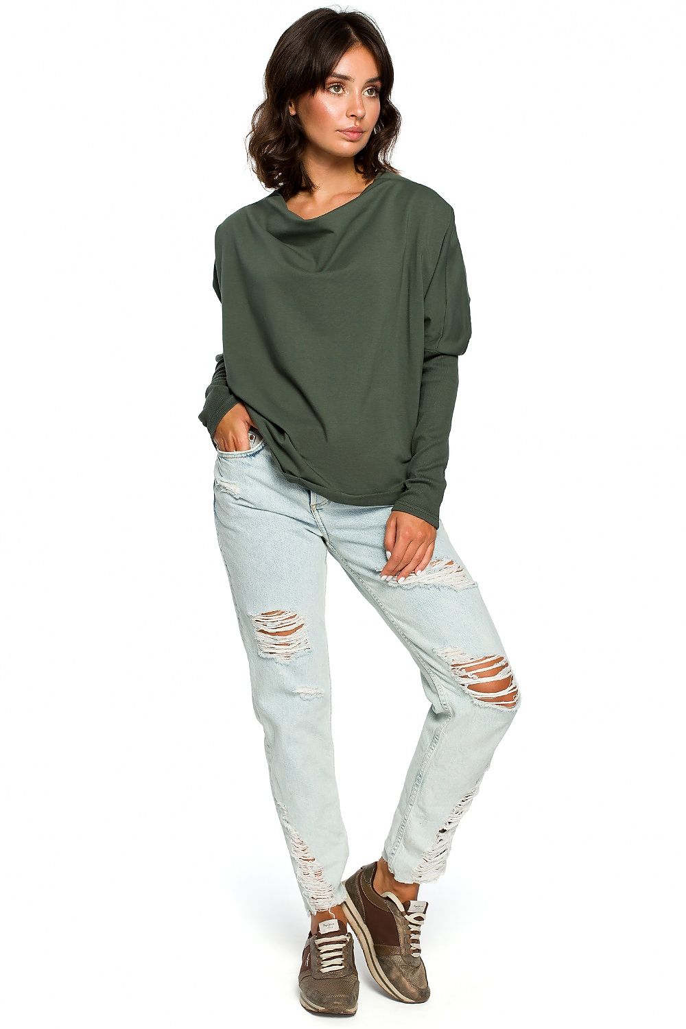 Løstsittende drapert genser - BeWear til dame fra MS StyleHaven, laget av Bomull, farge Grønn, størrelse L/XL, med long ermer, perfekt til dress