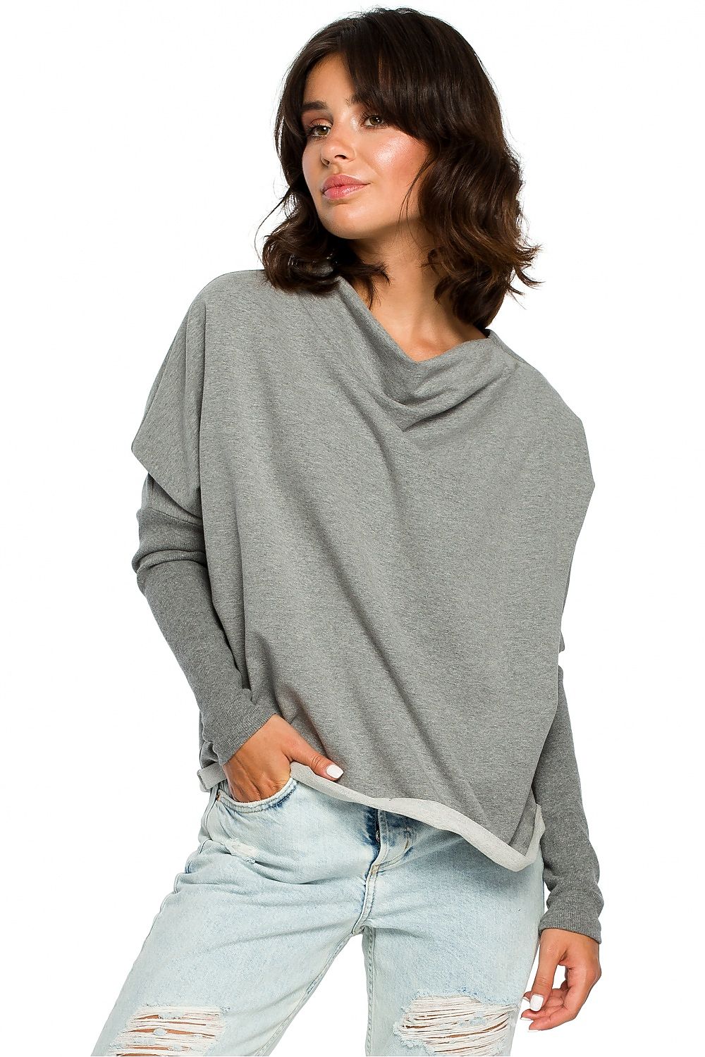 Løstsittende drapert genser - BeWear til dame fra MS StyleHaven, laget av Bomull, farge Grå, størrelse S/M, med long ermer, perfekt til dress