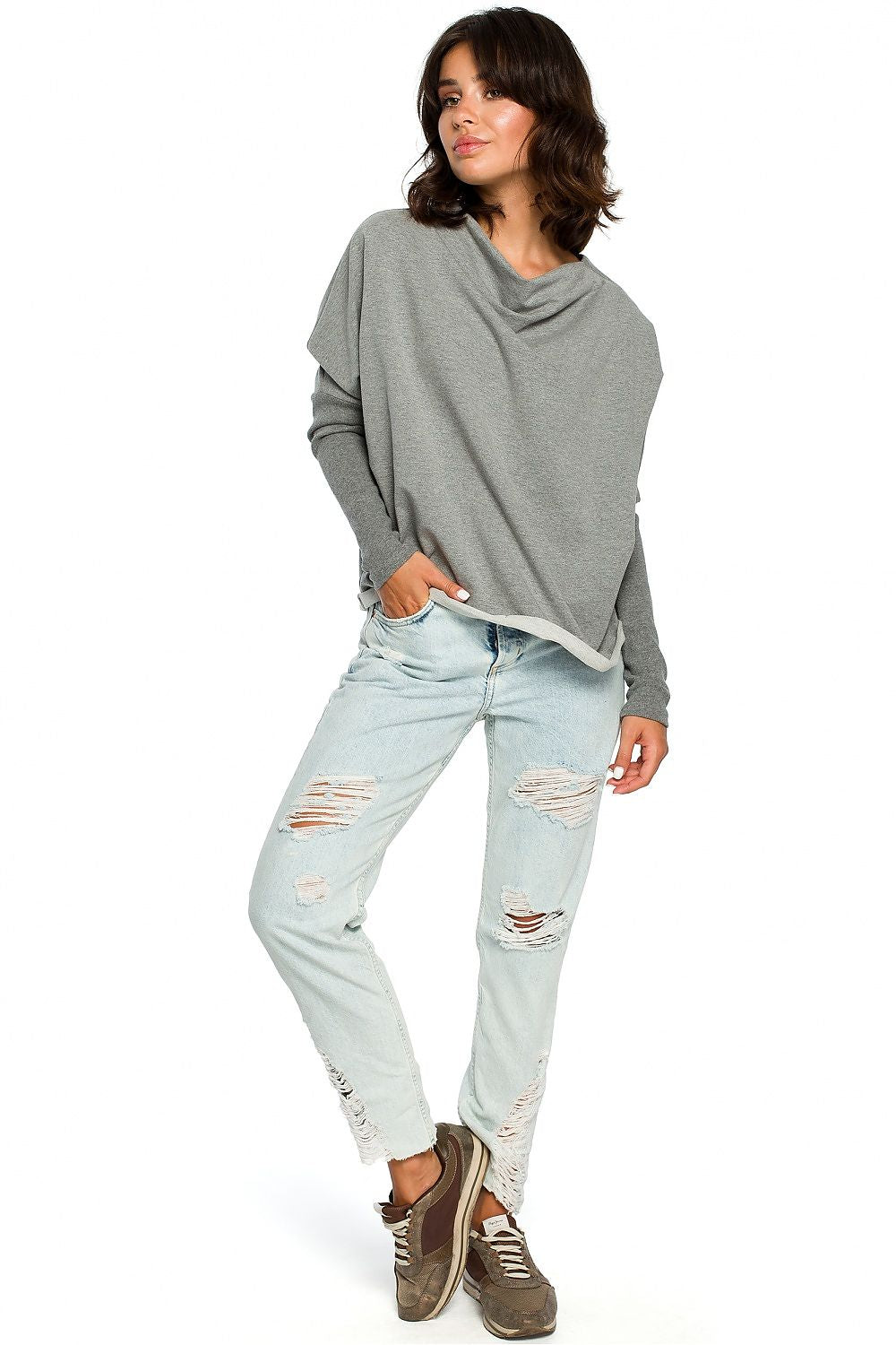 Løstsittende drapert genser - BeWear til dame fra MS StyleHaven, laget av Bomull, farge Grå, størrelse L/XL, med long ermer, perfekt til dress