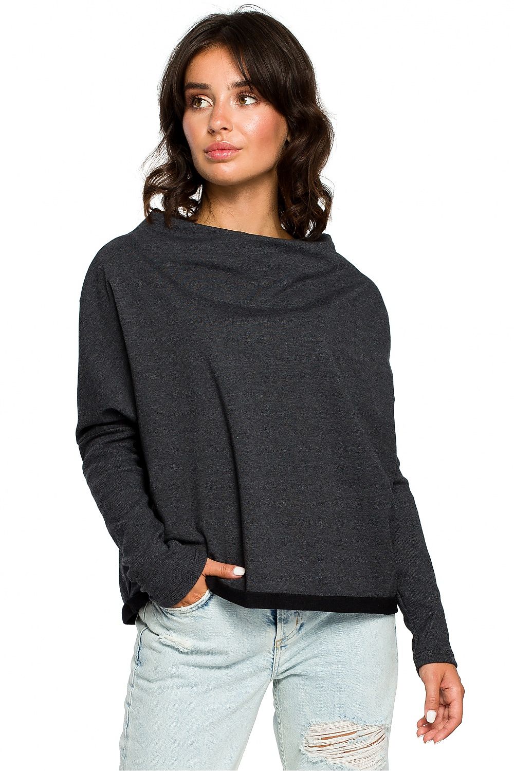Løstsittende drapert genser - BeWear til dame fra MS StyleHaven, laget av Bomull, farge Grå 2, størrelse S/M, med long ermer, perfekt til dress