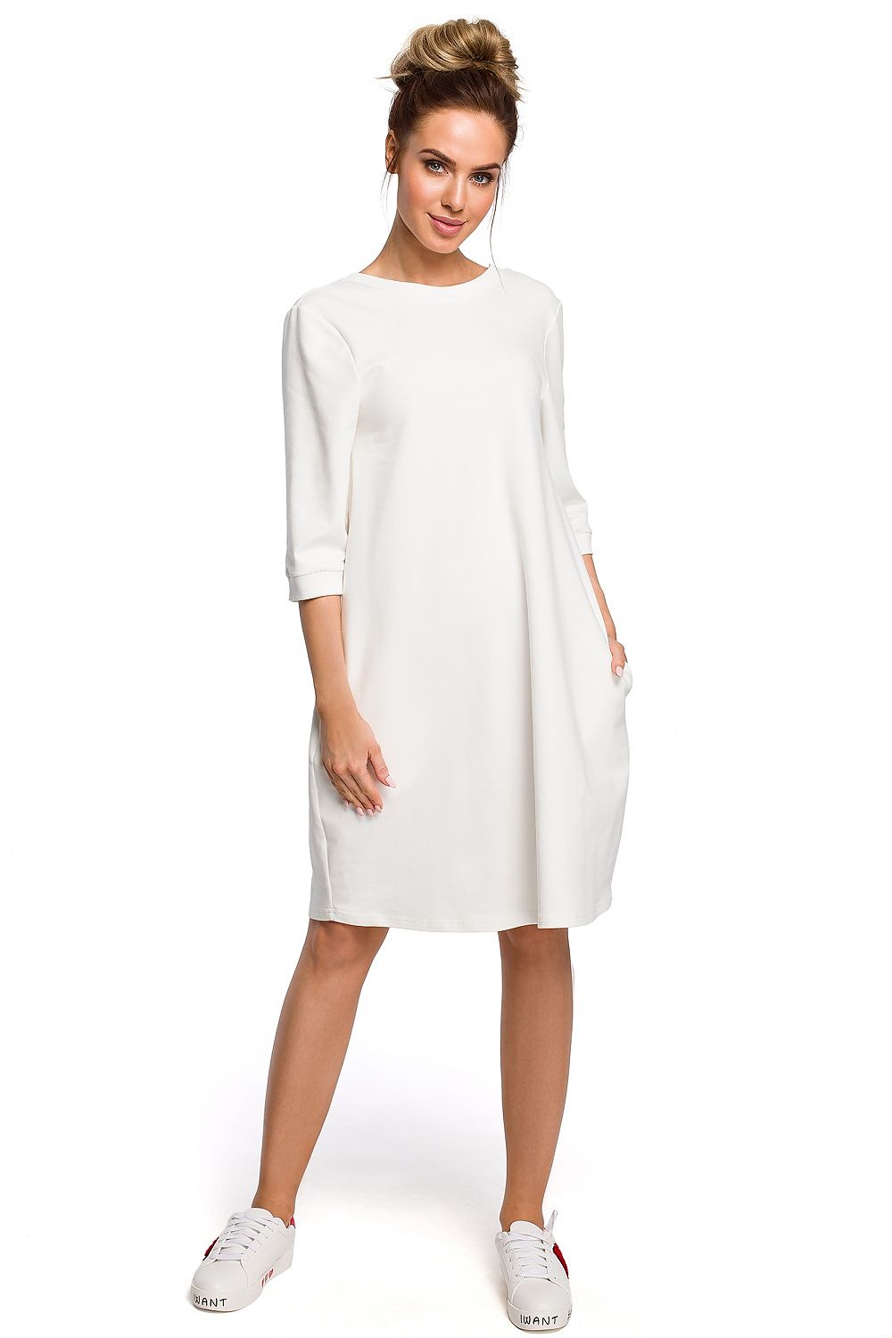 Løs Dagkjole Moe til dame fra MS StyleHaven, laget av Bomull, farge beige, størrelse s, med 45720 ermer, knee lengde, kjolestil a-line, perfekt til casual; dress