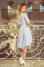 Nicolle asymmetrisk blondekjole – elegant og flytende kjole for spesielle anledninger til dame fra MS StyleHaven, laget av Viskose; polyester, farge Marineblå 2, størrelse S, med 3-4; long ermer, perfekt til casual; dress