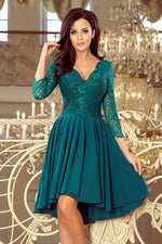 Nicolle asymmetrisk blondekjole – elegant og flytende kjole for spesielle anledninger til dame fra MS StyleHaven, laget av Viskose; polyester, farge Marineblå 2, størrelse M, med 3-4; long ermer, perfekt til casual; dress