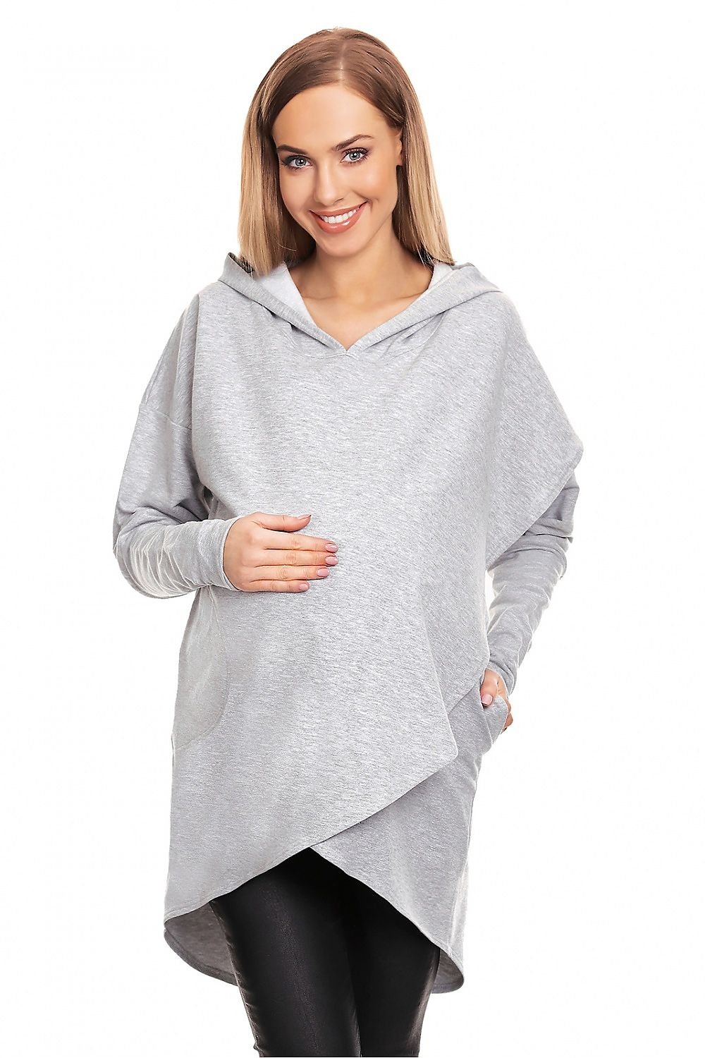 Koselig hettegenser for gravide i lag fra PeeKaBoo til dame fra MS StyleHaven, laget av Bomull; Elastan, farge Grå, størrelse L/XL, med long; cap ermer, perfekt til casual; dress