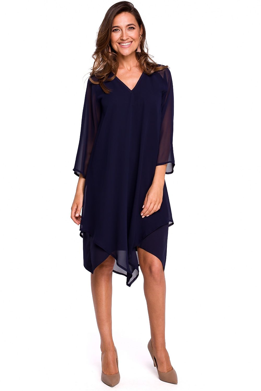 Cocktailkjole Stylove til dame fra MS StyleHaven, laget av polyester, farge Marineblå, størrelse s, med lang ermer, knee lengde, kjolestil a-line, perfekt til dress