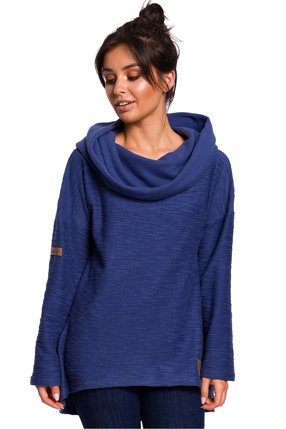Varm asymmetrisk genser fra BeWear til dame fra MS StyleHaven, laget av Bomull; polyester, farge Marineblå, størrelse s, med long ermer, perfekt til dress