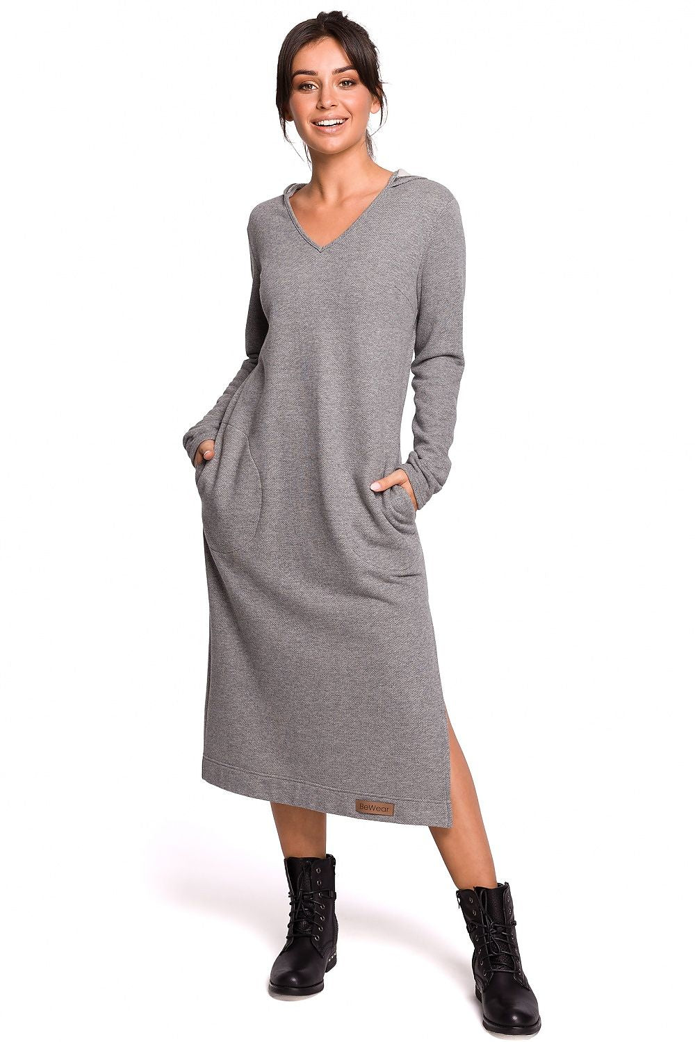 Praktiske Dagskjole BeWear til dame fra MS StyleHaven, laget av polyester, farge Grå, størrelse s, med long ermer, midi lengde, kjolestil a-line, perfekt til dress