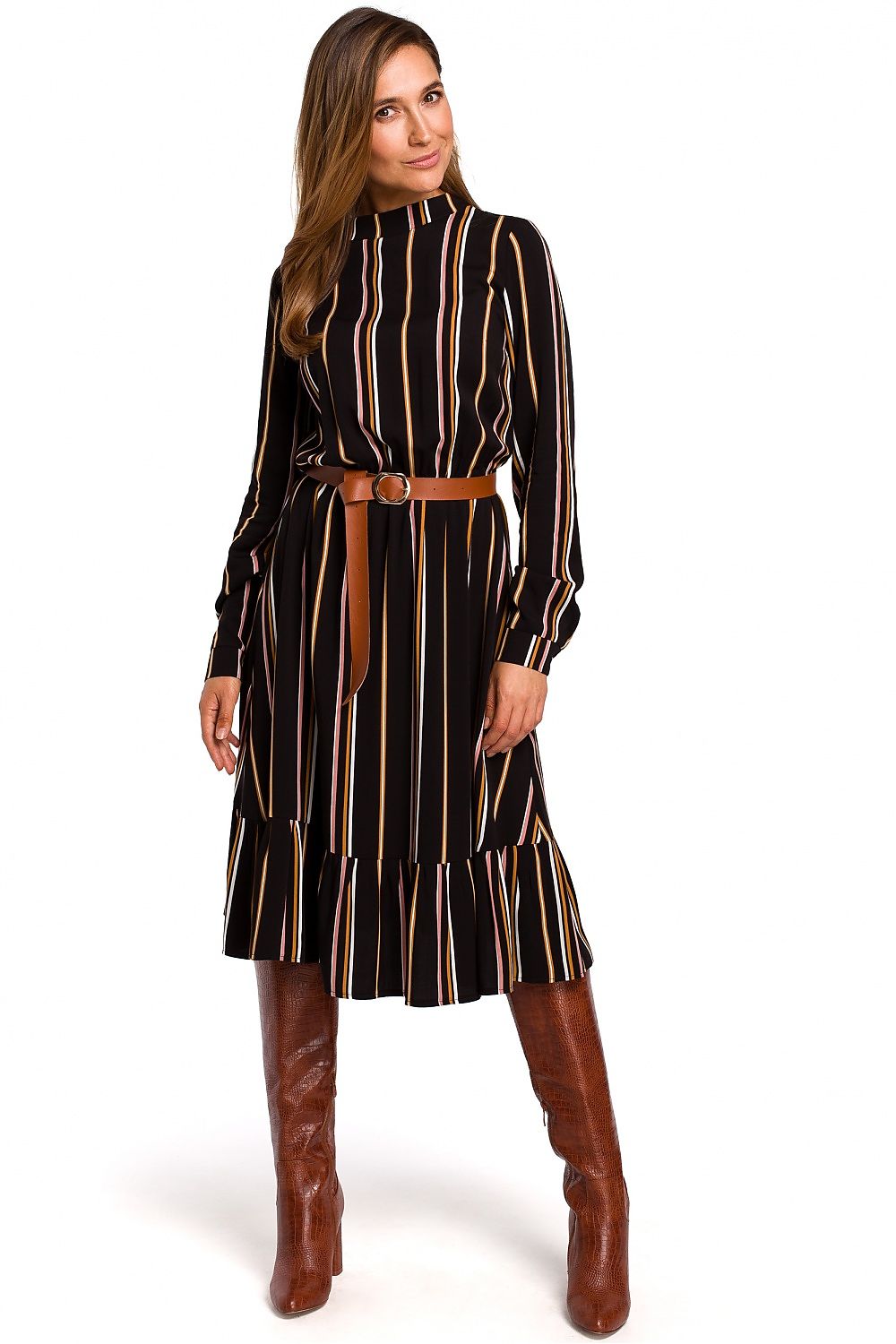 Dagkjole Stylove til dame fra MS StyleHaven, laget av Viskose, farge Brun, størrelse s, med long ermer, knee-1; midi lengde, kjolestil a-line, perfekt til dress