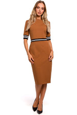 Tofarget Dagkjole Moe til dame fra MS StyleHaven, laget av Bomull; Elastan-1, farge Brun, størrelse s, med short ermer, midi lengde, kjolestil sheath, perfekt til casual; dress
