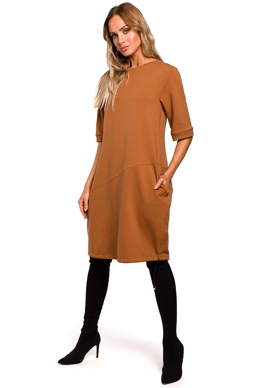 Stretch Oversized Dagkjole Moe til dame fra MS StyleHaven, laget av Bomull; Elastan-1, farge Brun, størrelse s, med 45720 ermer, midi lengde, kjolestil a-line, perfekt til casual; dress