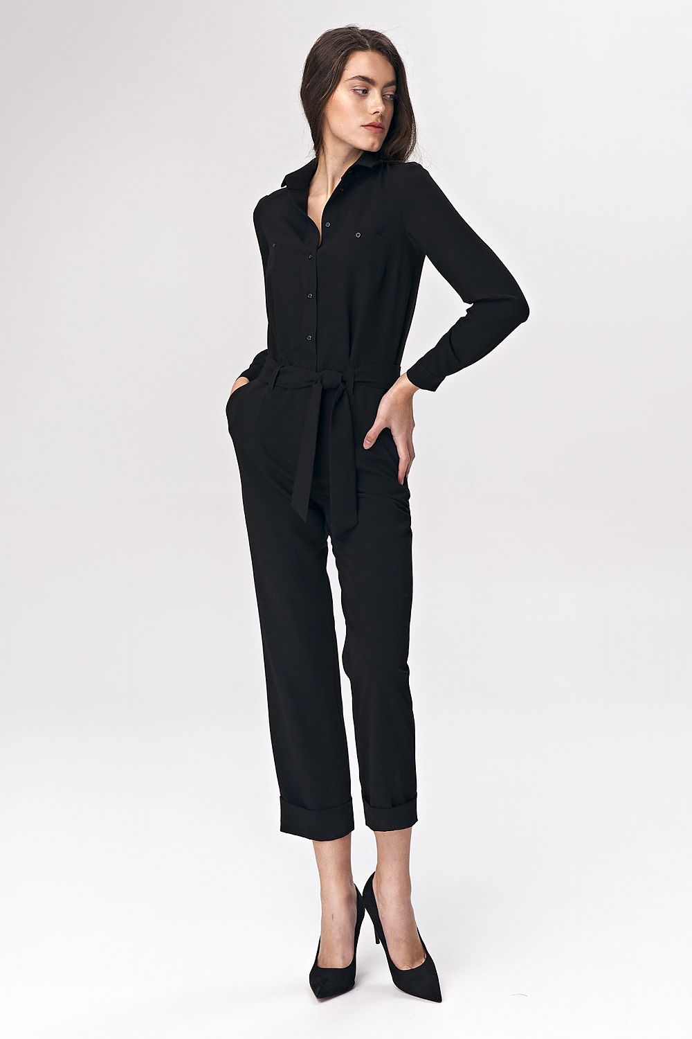 Jumpsuit Nife til dame fra MS StyleHaven, laget av Viskose; polyester, farge Svart, størrelse 34, med long ermer, perfekt til casual; dress