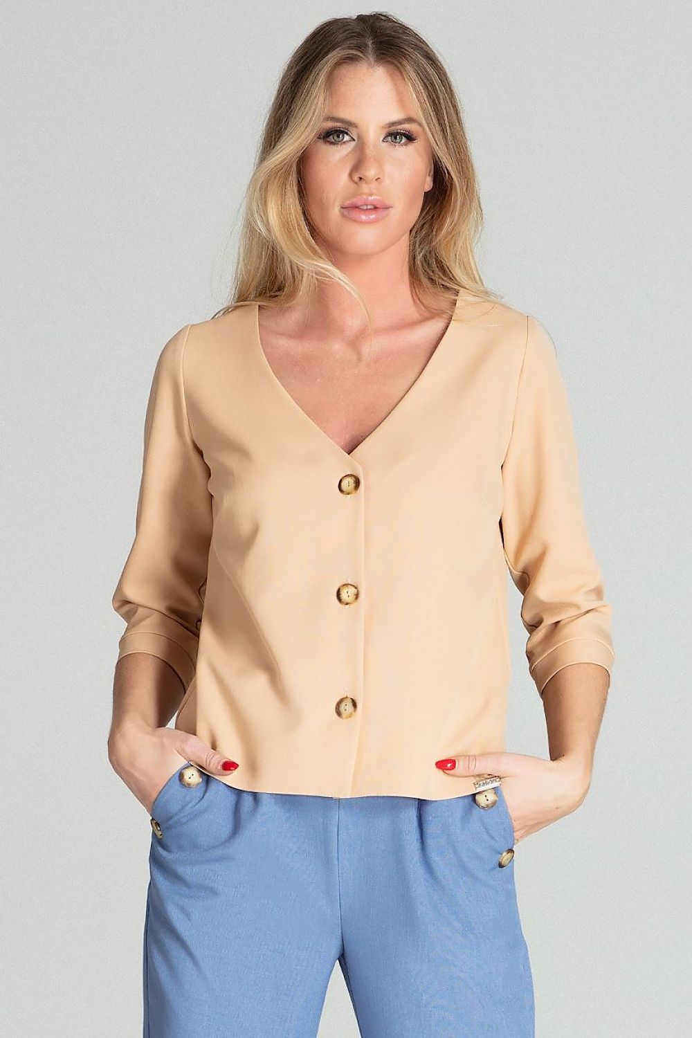 Naya – Klassisk hvit 3/4-ermet skjorte fra Roco Fashion til dame fra MS StyleHaven, laget av polyester, farge Rosa, størrelse XL, med long ermer, perfekt til casual; dress