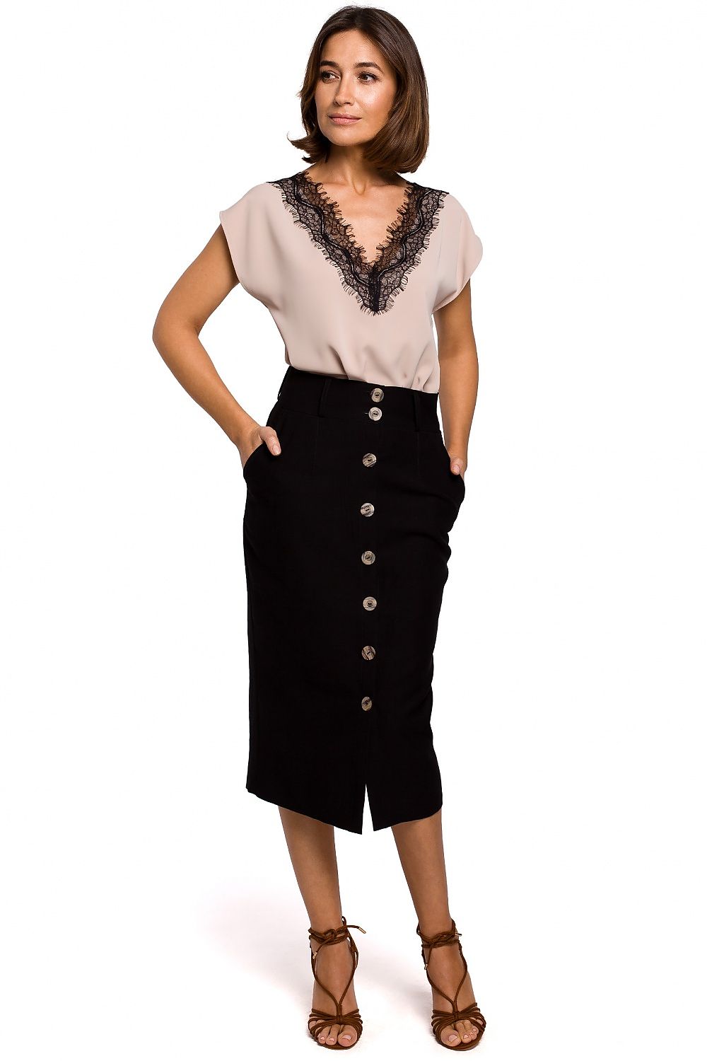Bluse Stylove til dame fra MS StyleHaven, laget av polyester, farge beige, størrelse L, med short; cap ermer, perfekt til dress