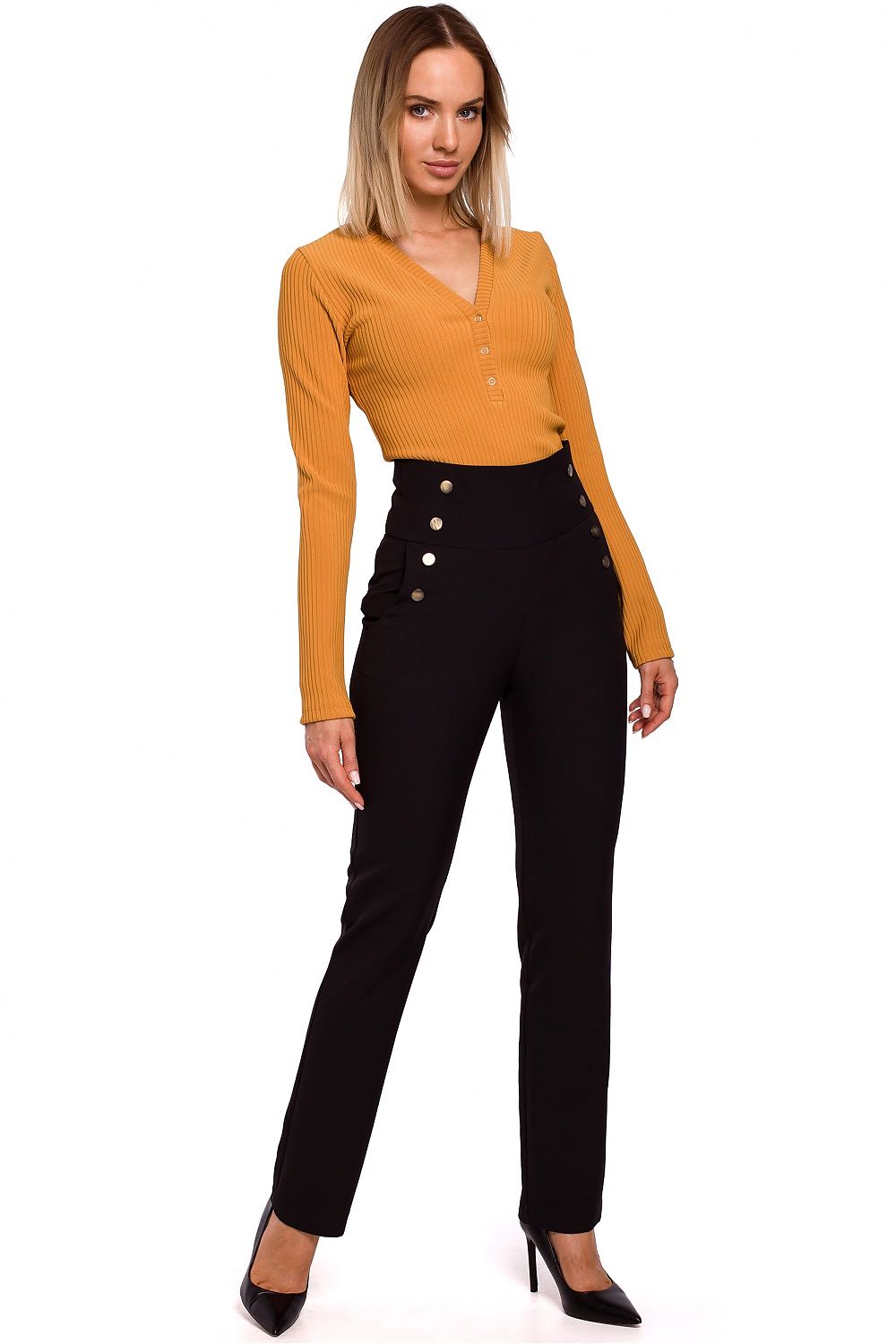 Slim-Fit bukser – høy midje til dame fra MS StyleHaven, laget av polyester, farge Svart, størrelse s, med long ermer, bukselengde long, perfekt til casual; dress