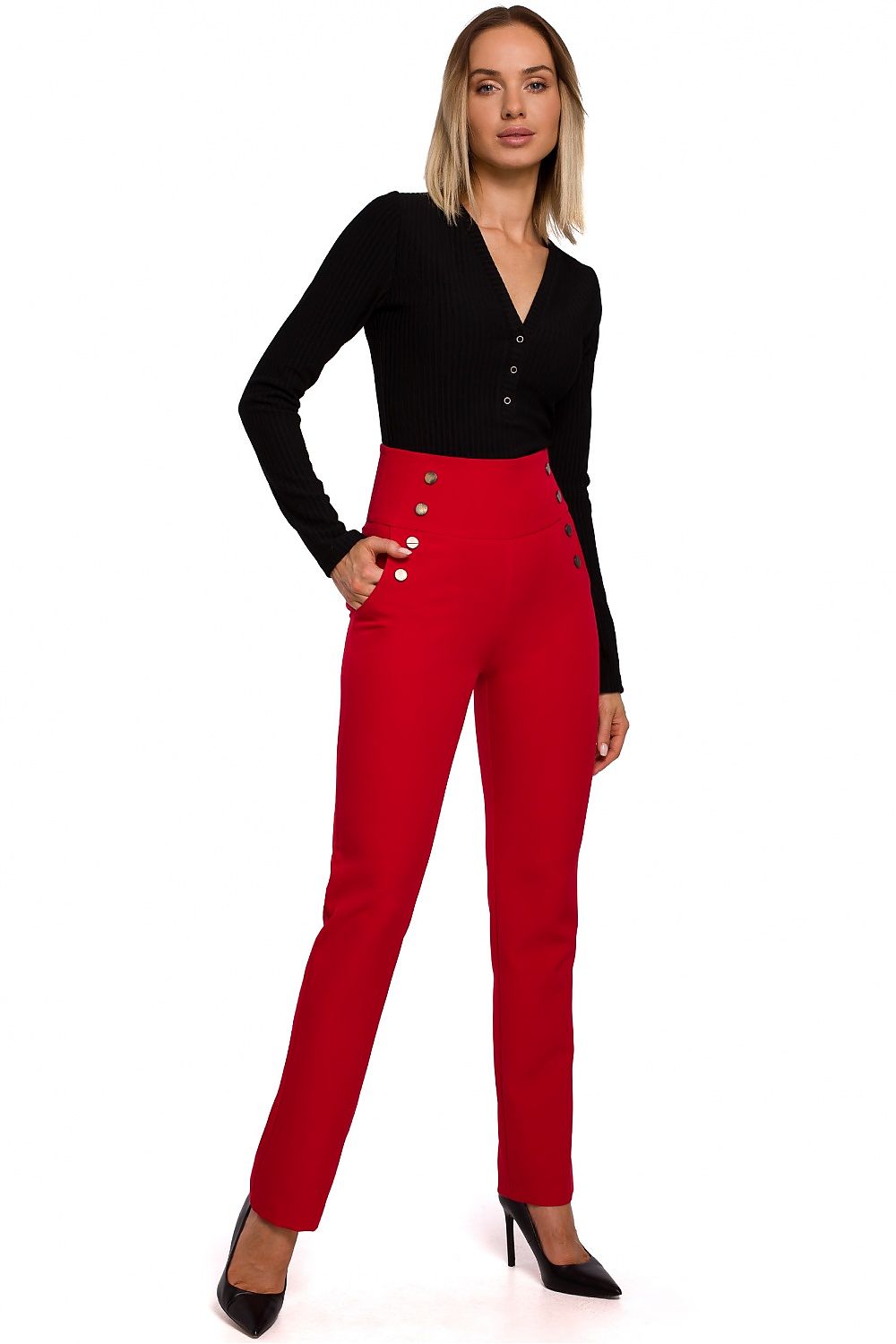 Slim-Fit bukser – høy midje til dame fra MS StyleHaven, laget av polyester, farge Svart, størrelse L, med long ermer, perfekt til casual; dress