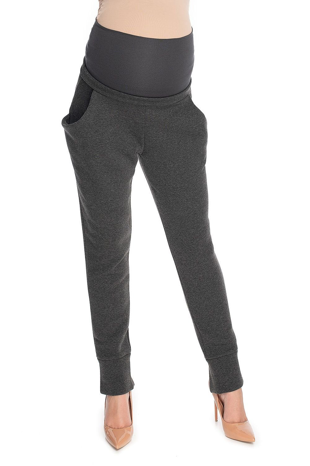 Avslappet treningsbukse for gravide fra PeeKaBoo til dame fra MS StyleHaven, laget av Viskose; Elastan; Bomull, farge Grå, størrelse S/M, med long ermer, bukselengde long, perfekt til casual; dress
