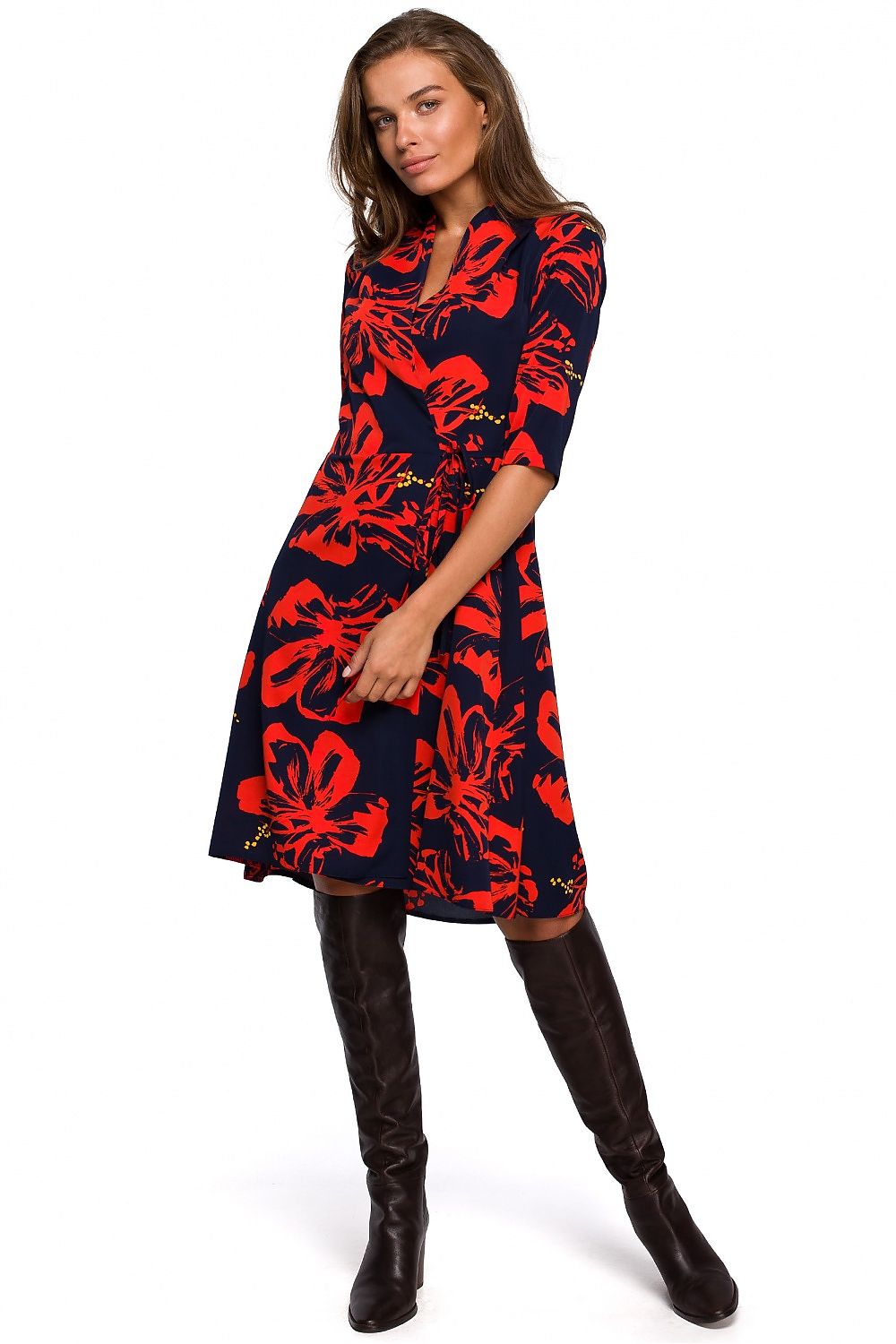 Dagkjole Stylove til dame fra MS StyleHaven, laget av polyester; Elastan-1, farge Rød, størrelse s, med lang ermer, midi lengde, kjolestil a-line, perfekt til dress