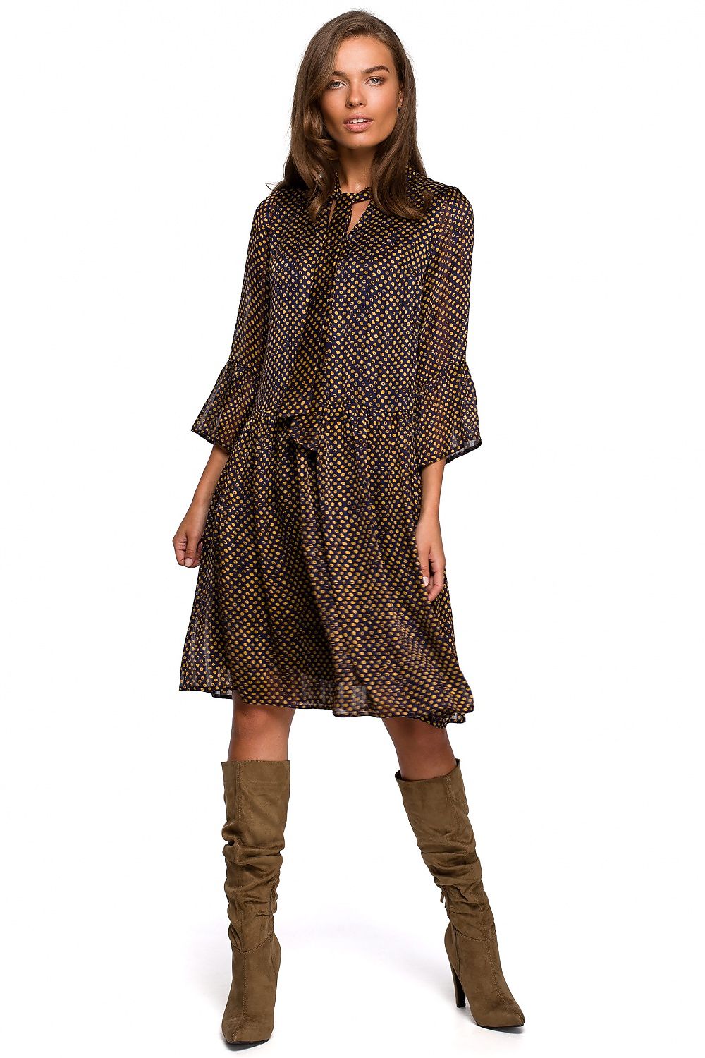 Dagkjole Stylove til dame fra MS StyleHaven, laget av polyester, farge Brun, størrelse s, med lang ermer, knee lengde, kjolestil a-line, perfekt til dress