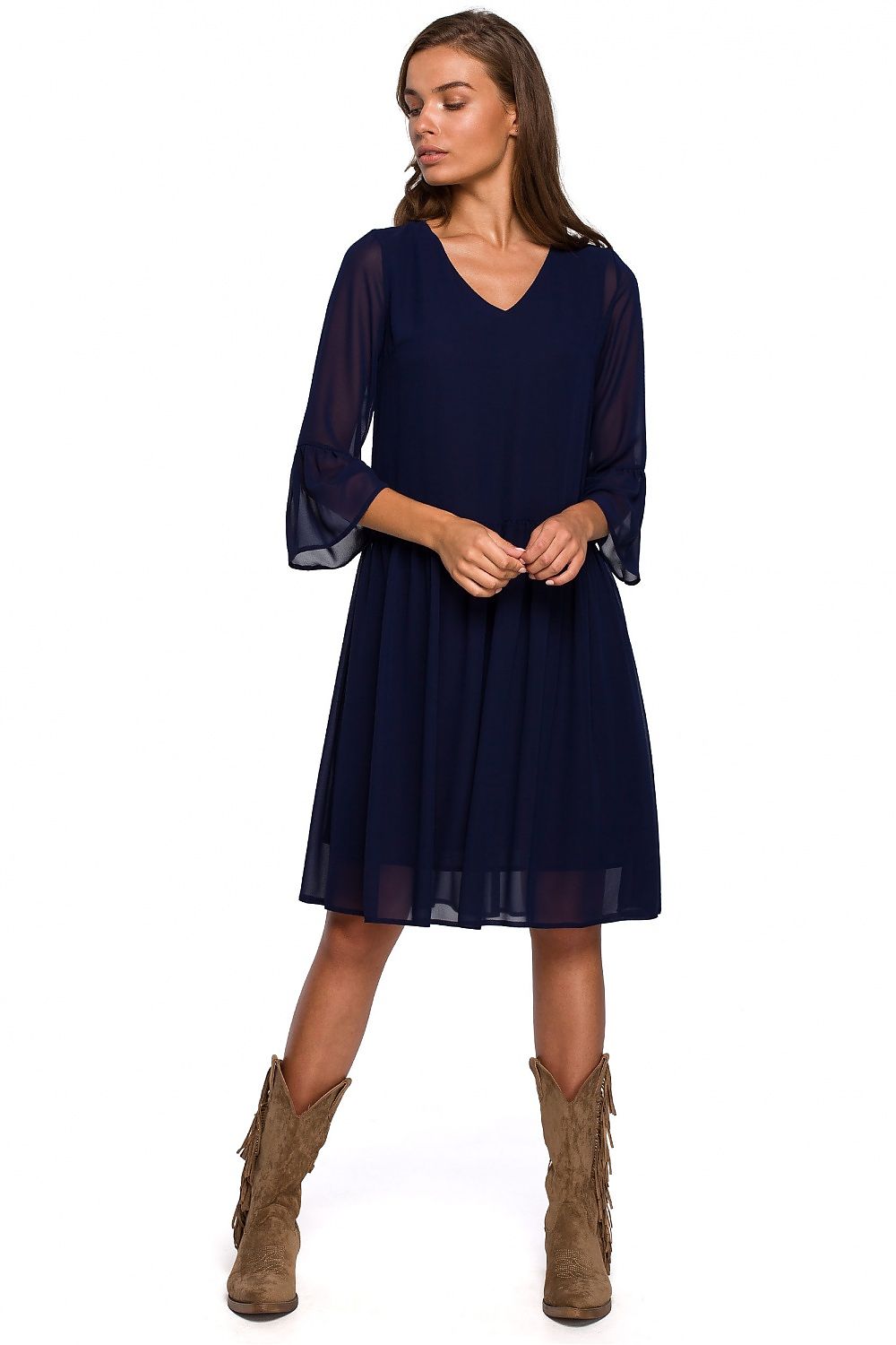 Cocktailkjole Stylove til dame fra MS StyleHaven, laget av polyester, farge Marineblå, størrelse s, med lang ermer, knee-1; midi lengde, kjolestil a-line, perfekt til dress