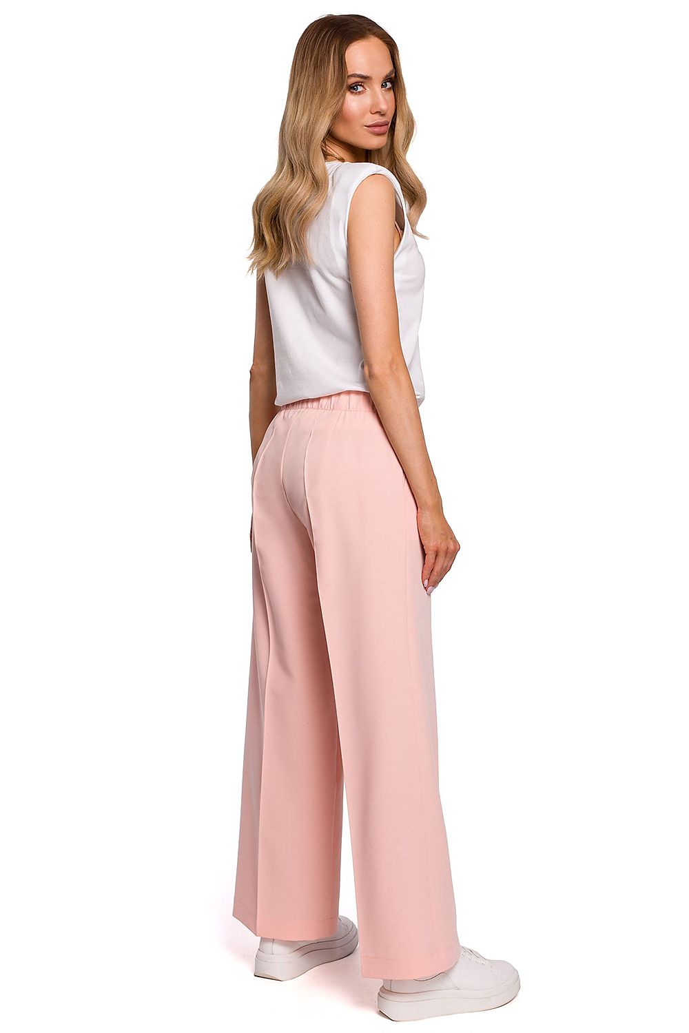 Plisserte elastisk bukser med vidde ben til dame fra MS StyleHaven, laget av polyester; Viskose, farge Rosa, størrelse M, med long ermer, perfekt til casual; dress