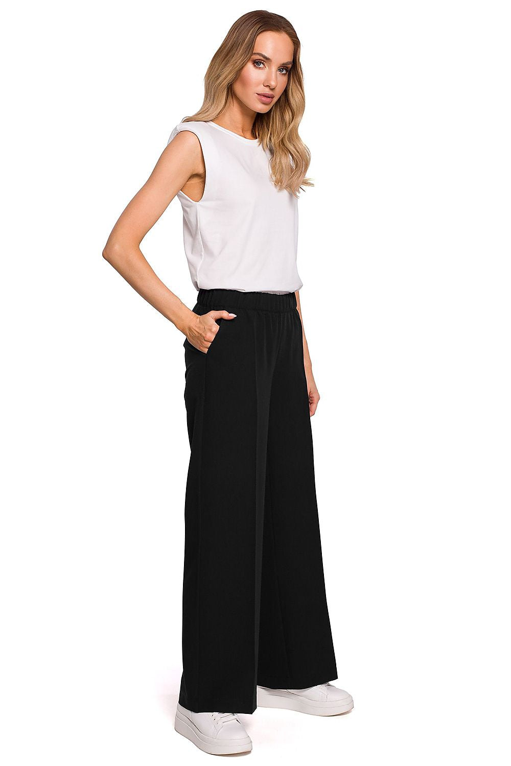 Plisserte elastisk bukser med vidde ben til dame fra MS StyleHaven, laget av polyester; Viskose, farge Rosa, størrelse XXL, med long ermer, perfekt til casual; dress