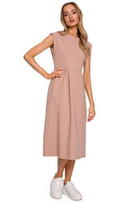 Midi-lang Dagkjole Moe til dame fra MS StyleHaven, laget av Bomull, farge beige, størrelse s, med short ermer, midi lengde, kjolestil sweater, perfekt til dress