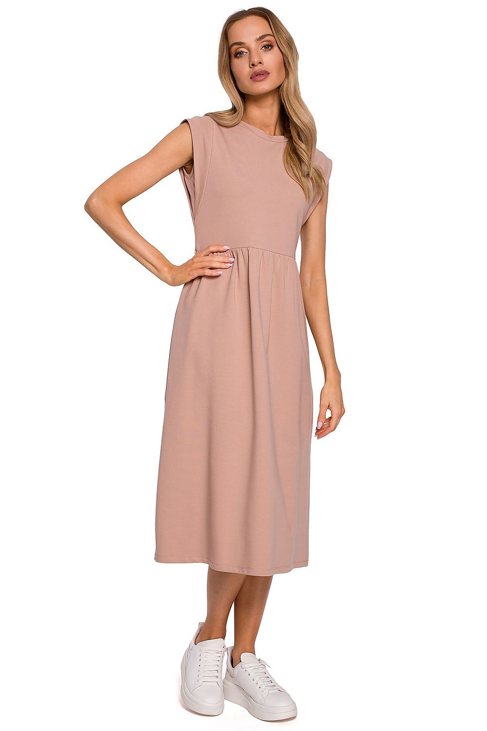 Midi-lang Dagkjole Moe til dame fra MS StyleHaven, laget av Bomull, farge beige, størrelse s, med short ermer, midi lengde, kjolestil sweater, perfekt til dress