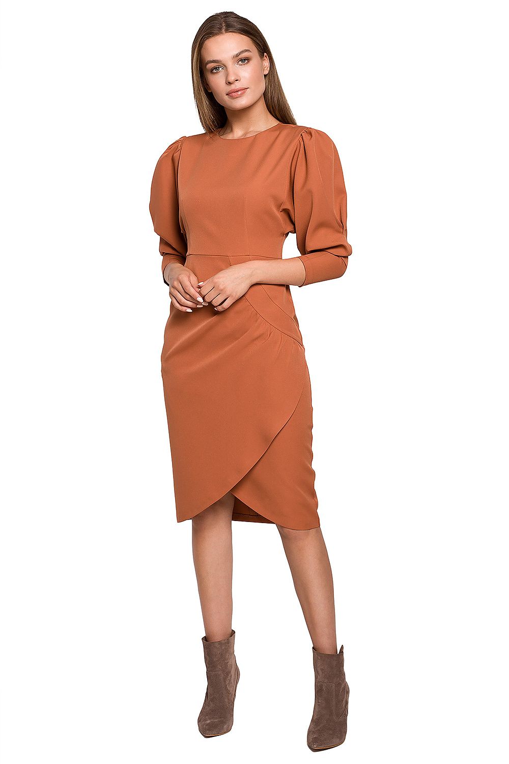 Dagkjole Stylove til dame fra MS StyleHaven, laget av polyester, farge Brun, størrelse s, med lang ermer, knee-1 lengde, kjolestil sheath, perfekt til dress