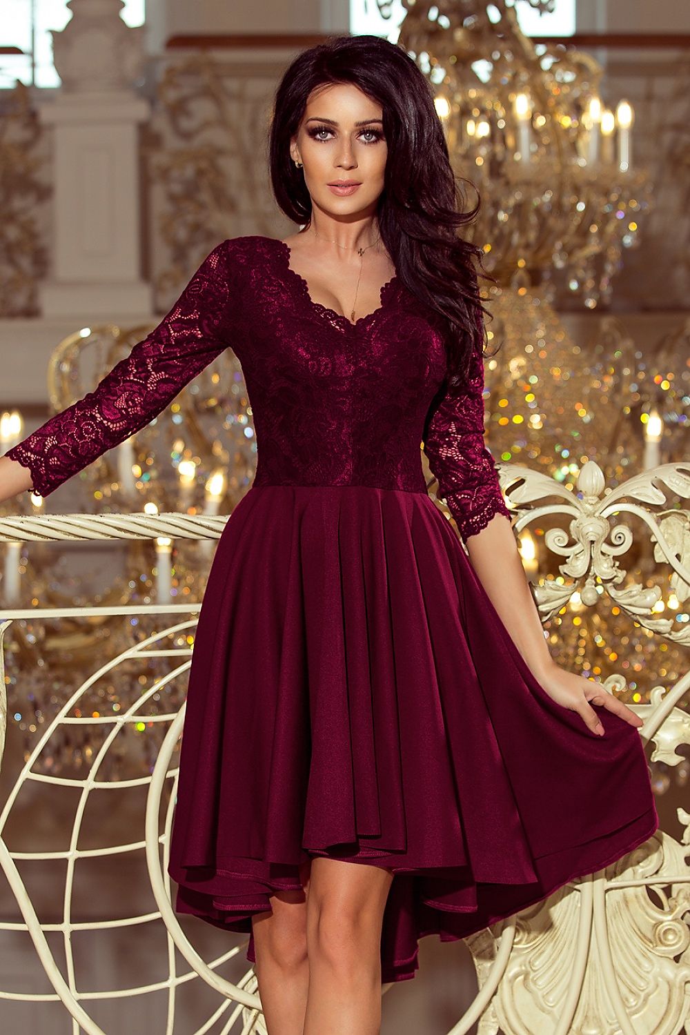 Nicolle asymmetrisk blondekjole – elegant og flytende kjole for spesielle anledninger til dame fra MS StyleHaven, laget av Viskose; polyester, farge Grå, størrelse L, med 3-4; long ermer, perfekt til casual; dress