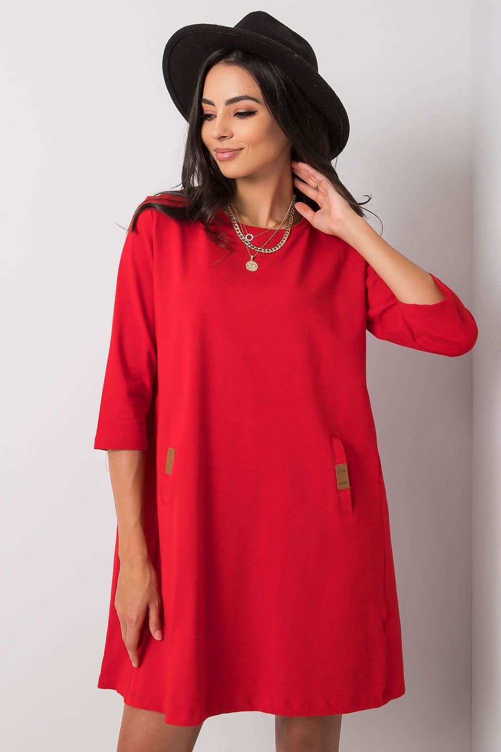 Stilig dagskjole med løs passform - Relevance til dame fra MS StyleHaven, laget av Bomull; Elastan-1, farge Rød, størrelse L/XL, med 45720 ermer, perfekt til casual; dress