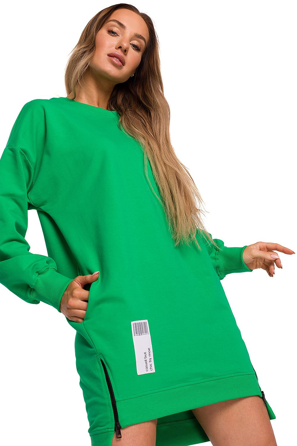 Langt snittet sweatshirt / Dagkjole - Moe til dame fra MS StyleHaven, laget av Bomull, farge Grønn, størrelse s, med long ermer, mini lengde, kjolestil sweater, perfekt til dress