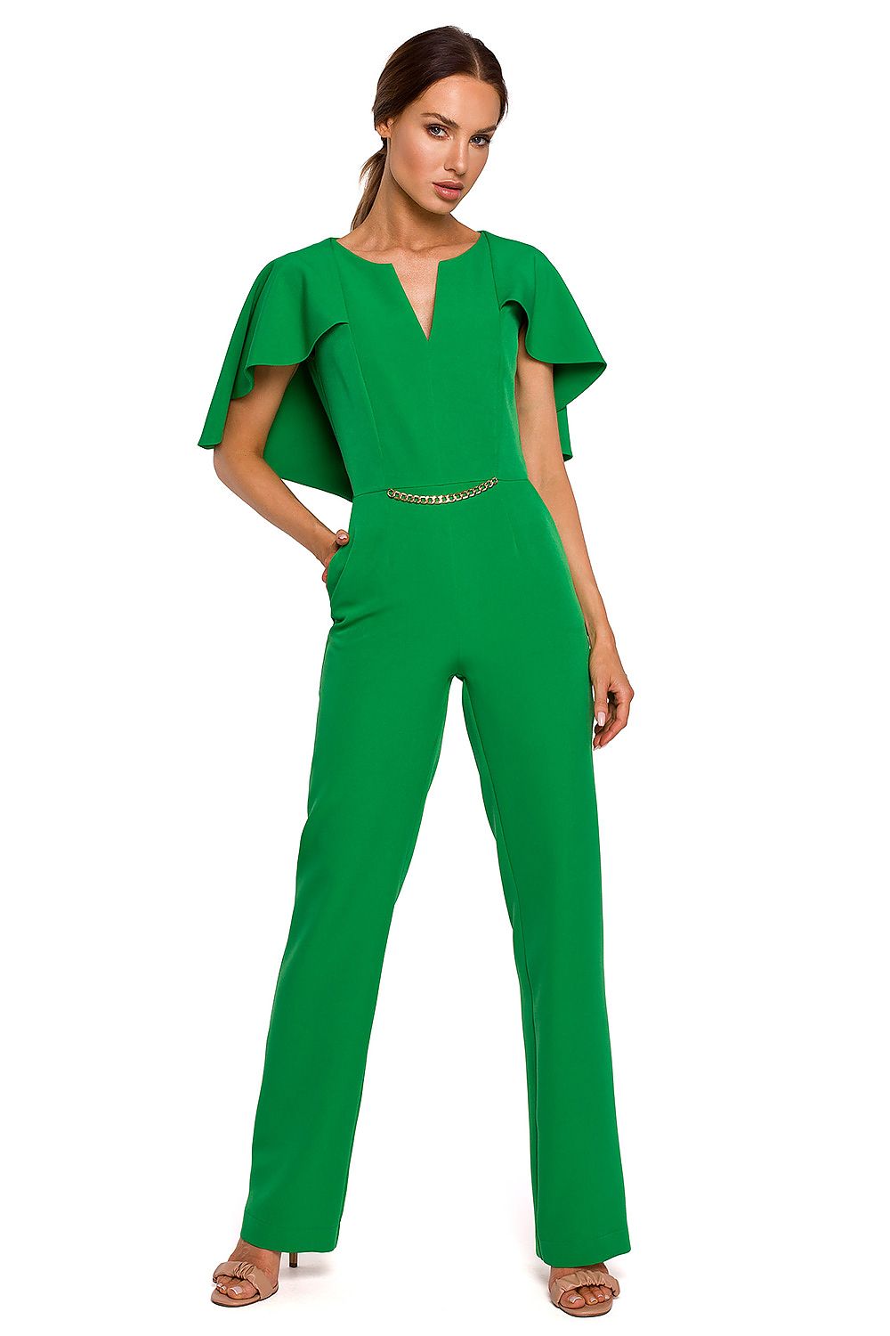 V-Hals Jumpsuit - Moe til dame fra MS StyleHaven, laget av polyester, farge Grønn, størrelse s, med long ermer, bukselengde long, perfekt til casual; dress