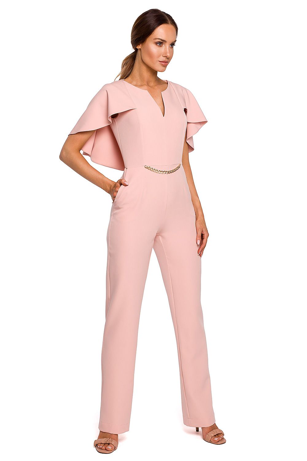 V-Hals Jumpsuit - Moe til dame fra MS StyleHaven, laget av polyester, farge Grønn, størrelse L, med long ermer, perfekt til casual; dress